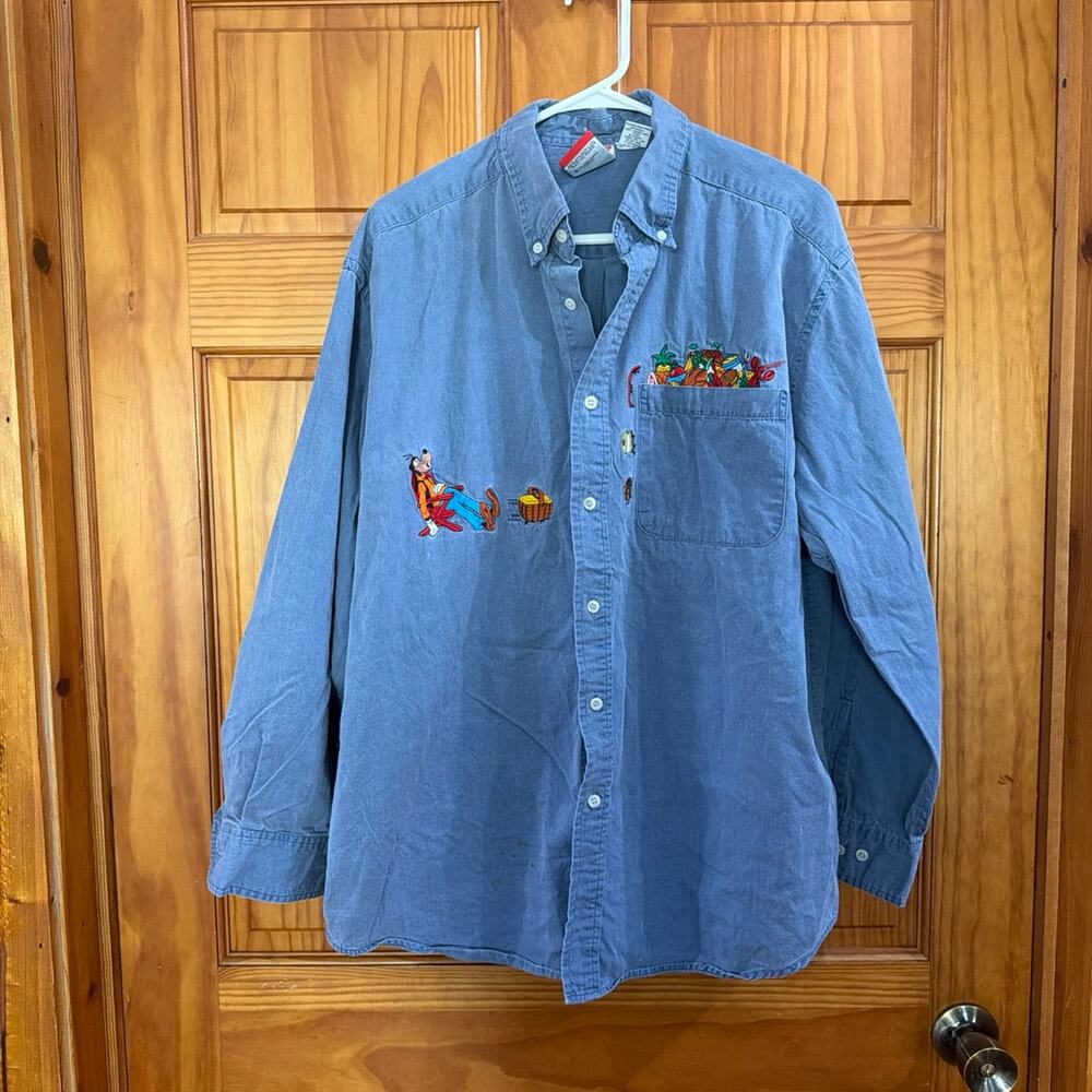 Men's Mickey INC Blue Button-Front Shirt with Cartoon Characters Size L